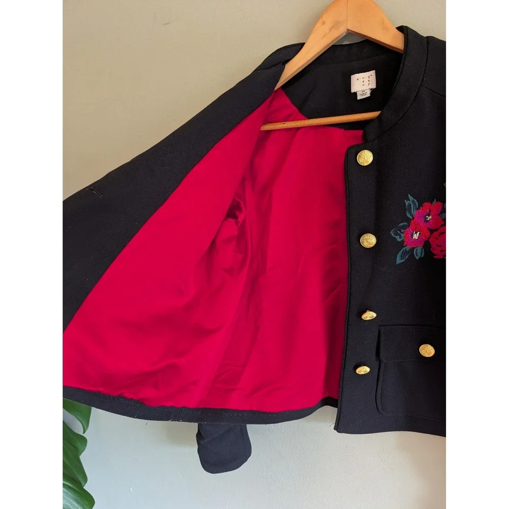 A New Day Black Embroidered Floral Military Jacket Gold Buttons Cropped 10